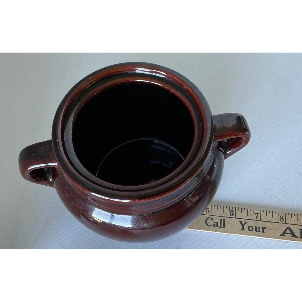 Vintage Ceramic Bean Pot Double Handle Brown Stoneware USA Crock Small